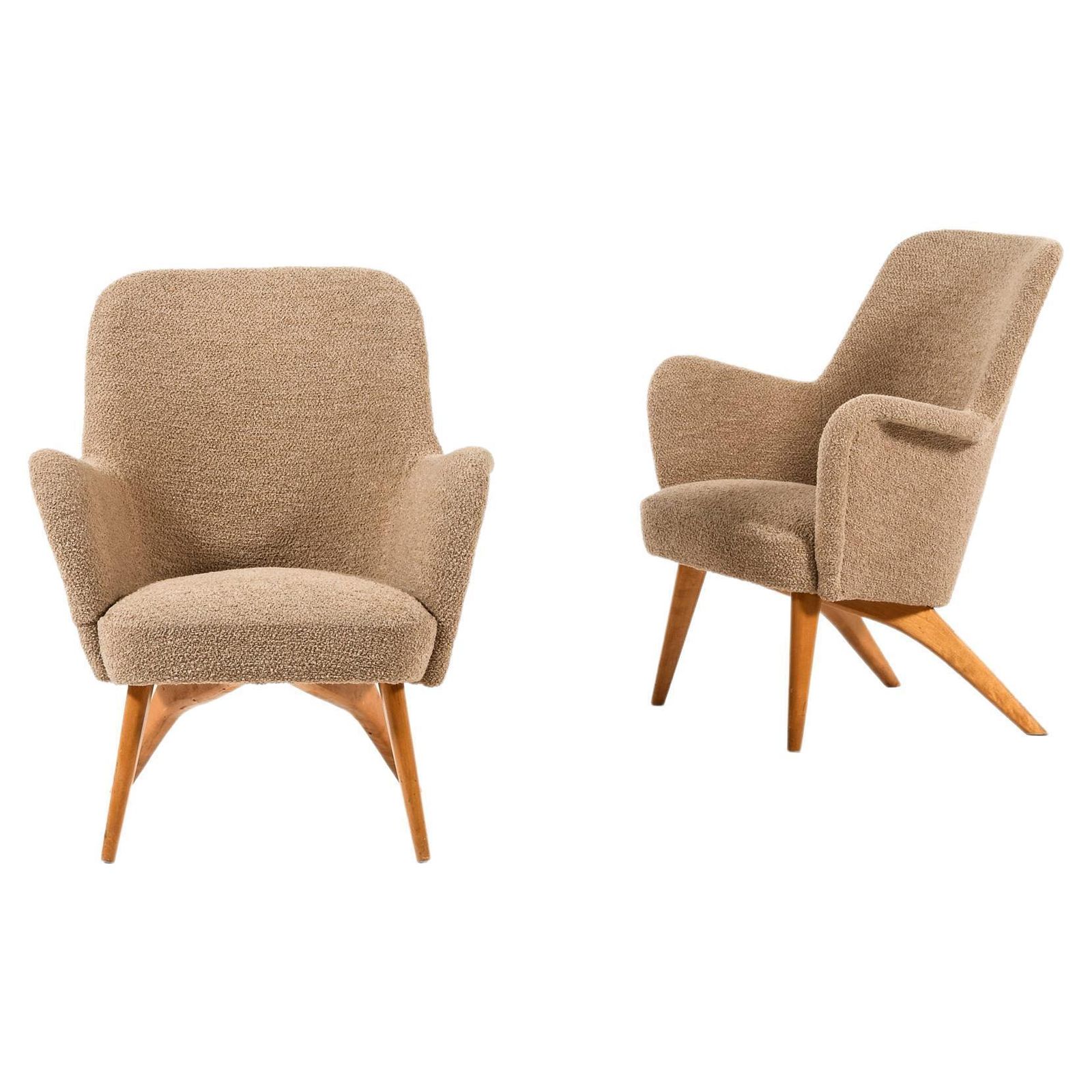 Pair Of Easy Chairs In Birch, Newly Reupholstered In Wool Fabric, 1950's