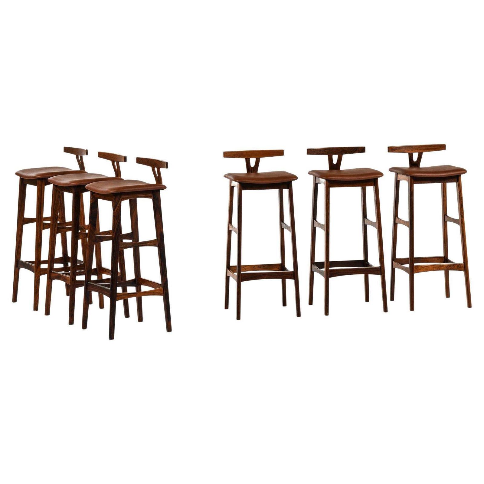 Set Of 6 Bar Stools In Rosewood And Leather By Knud Bent, 1960's