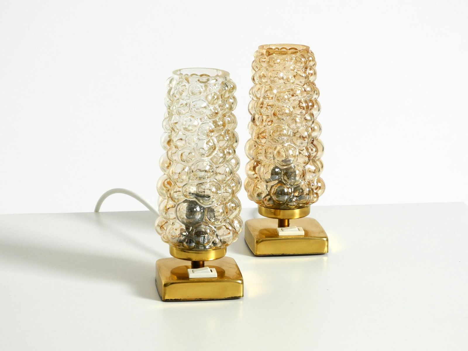 Two Rare 1960s Brass Bedside Lamps With Gold Bubble Glass Shades photo vintage