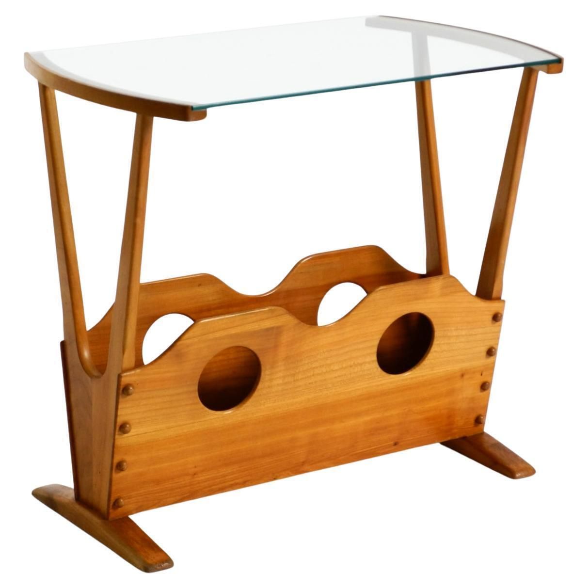 Mid Century Modern Side Table With Magazine Rack, Made Of Ash Wood And Glass