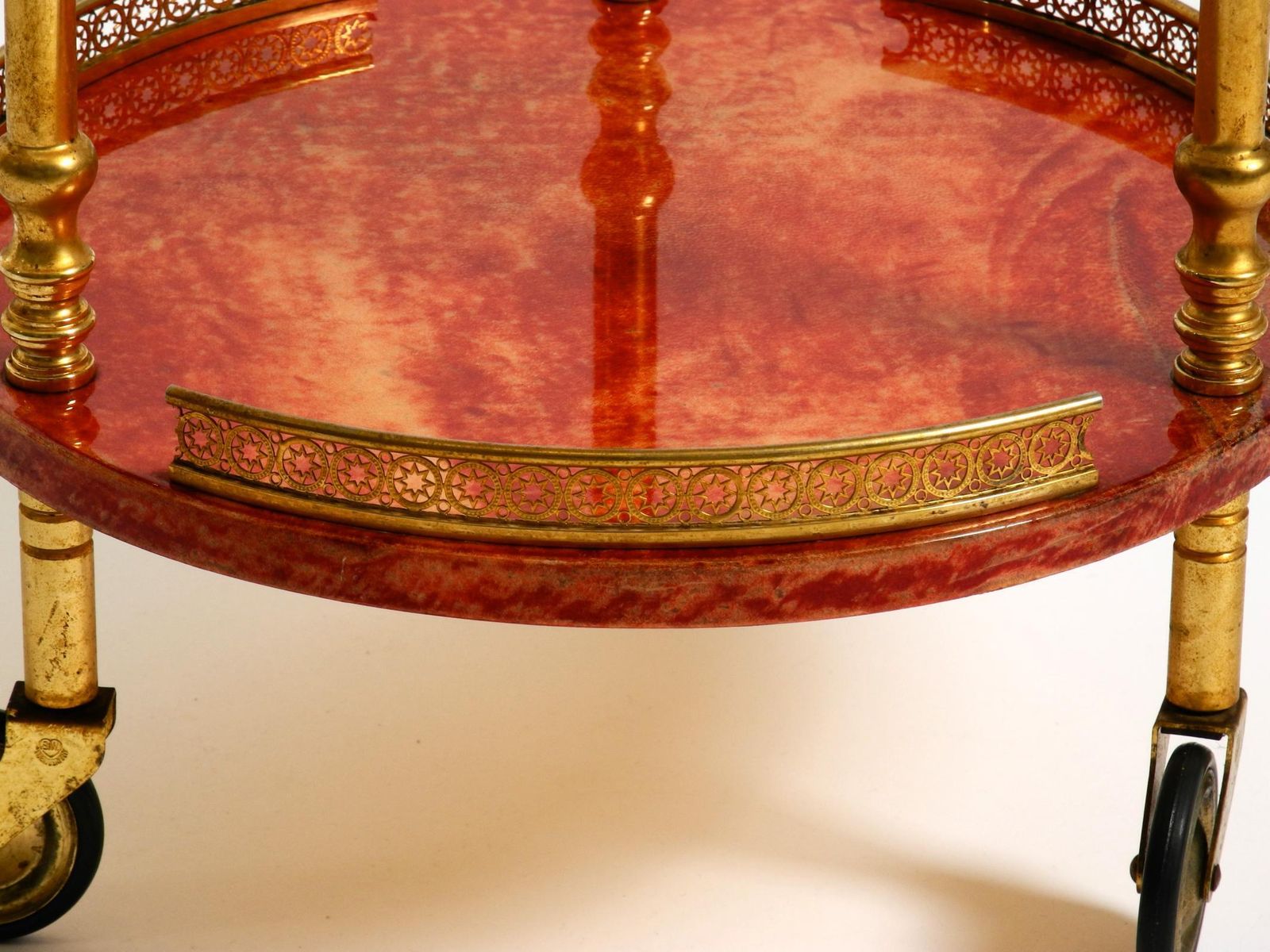 photo buy Round, Small 1960s Aldo Tura Serving Or Bar Trolley In Red Goatskin Leather