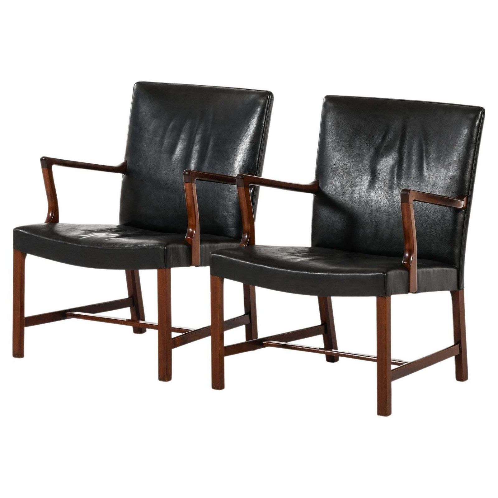 Pair Of Easy Chairs / Armchairs In Mahogany And Leather By Hans Wegner, 1950's