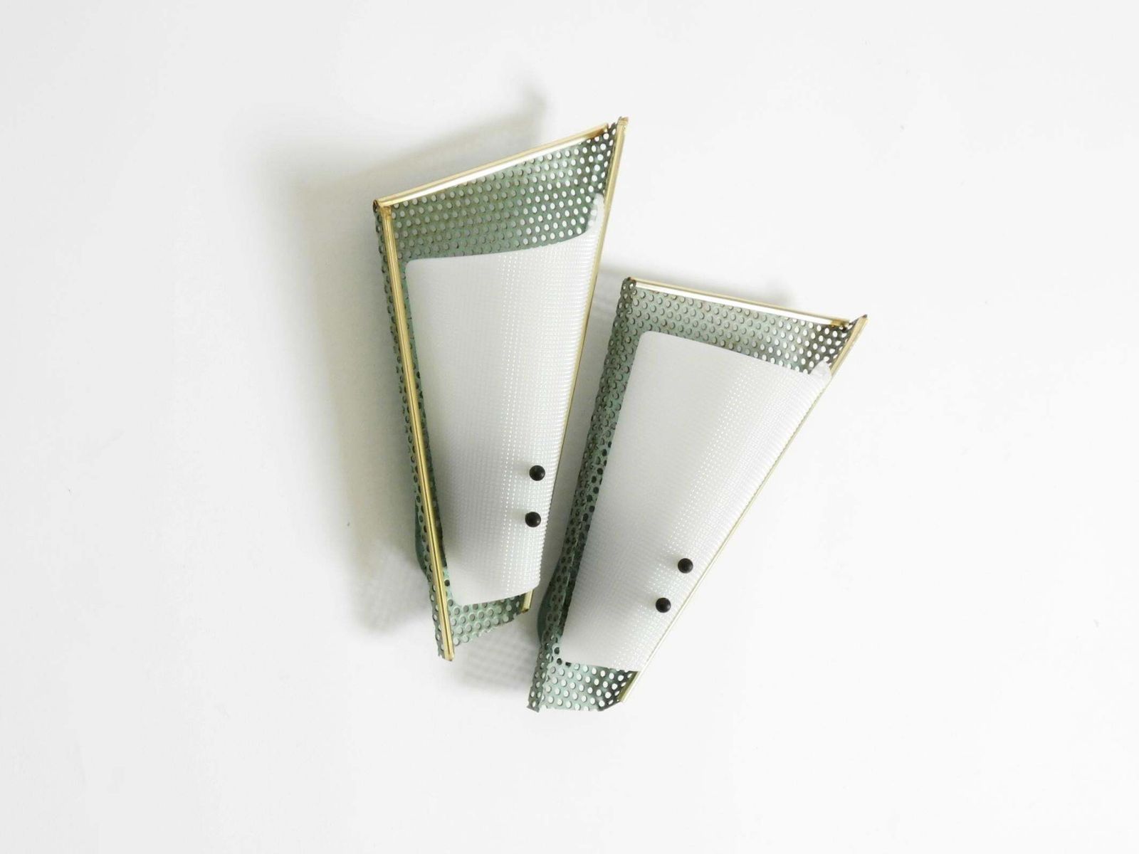 Pair Of Beautiful Mint Green Mid Century Modern Perforated Sheet Metal Wall Lamp photo vinterior