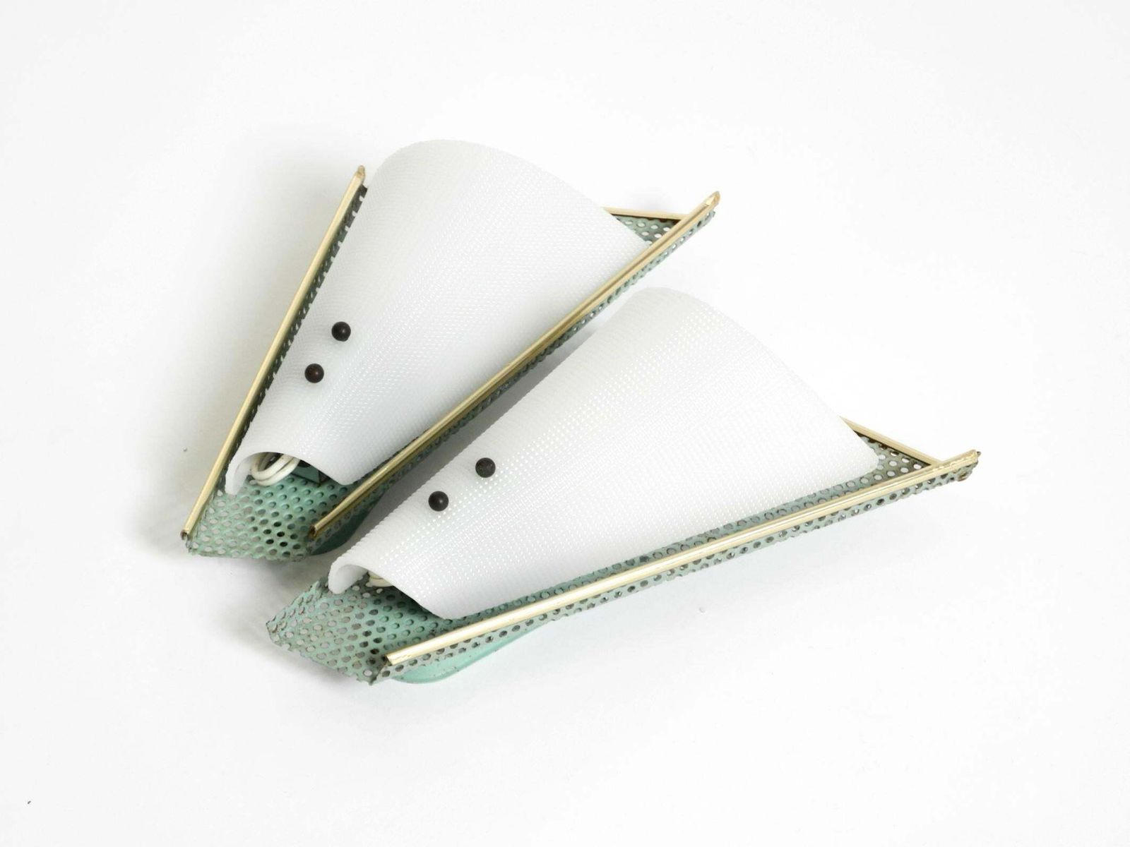 Pair Of Beautiful Mint Green Mid Century Modern Perforated Sheet Metal Wall Lamp photo vintage