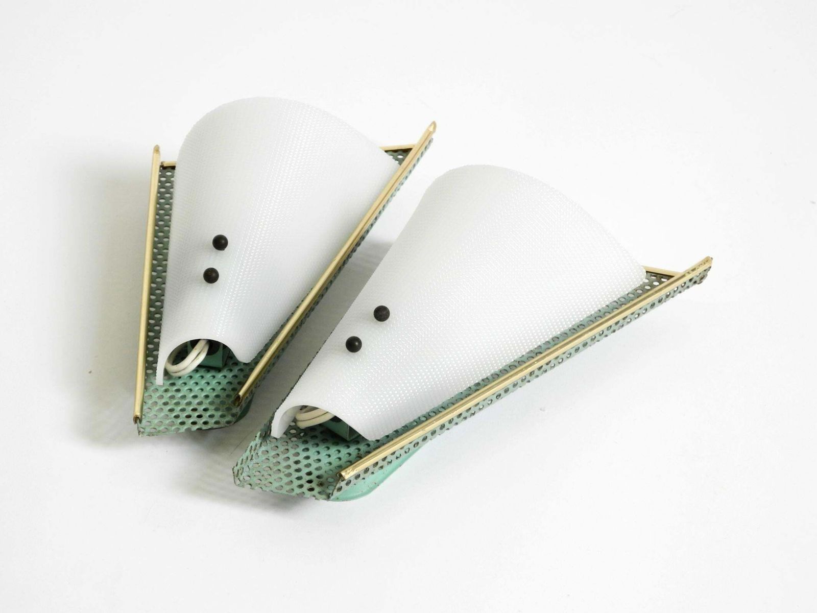 716.0 Pair Of Beautiful Mint Green Mid Century Modern Perforated Sheet Metal Wall Lamp photo