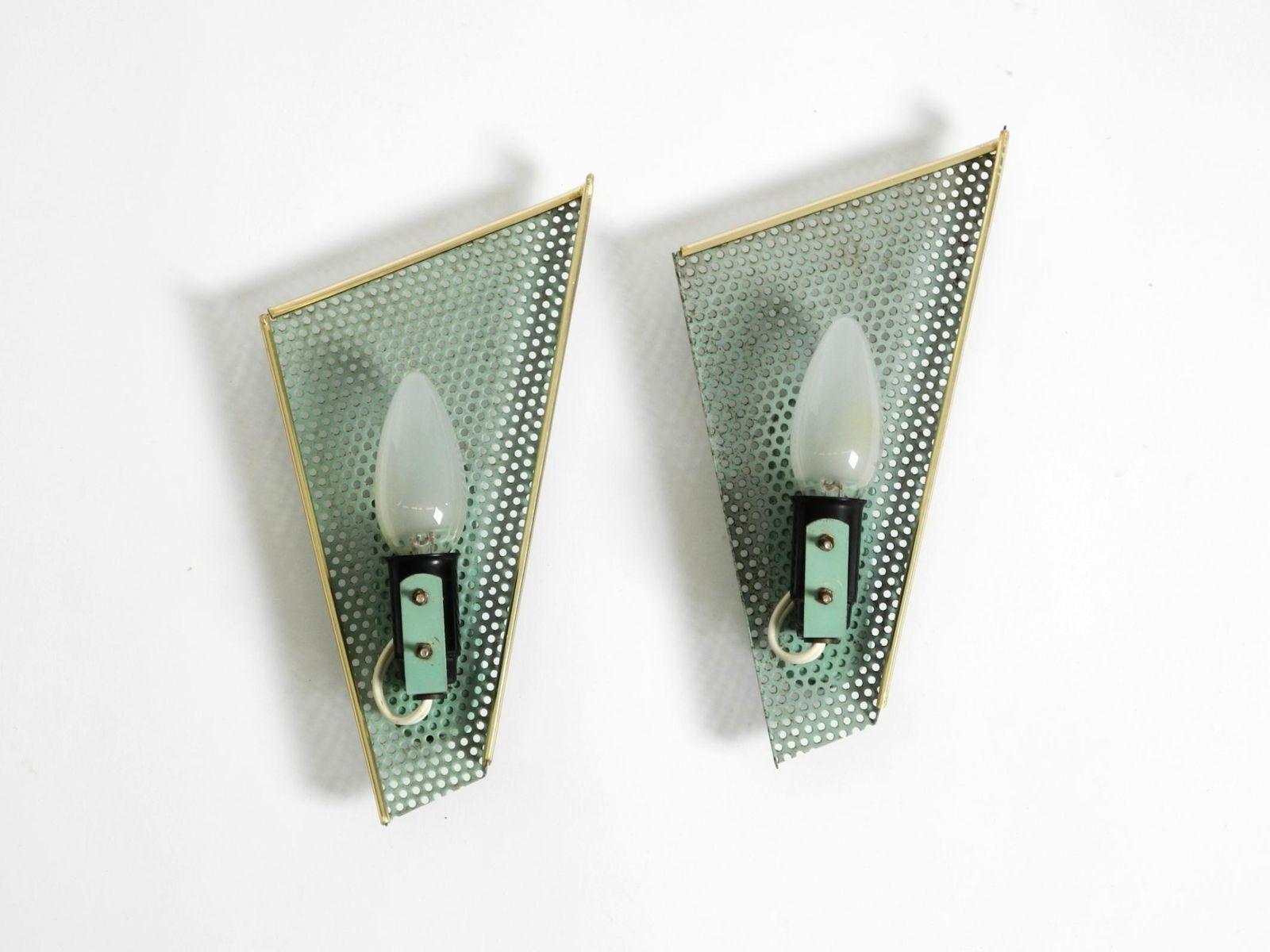 photo vinterior Pair Of Beautiful Mint Green Mid Century Modern Perforated Sheet Metal Wall Lamp