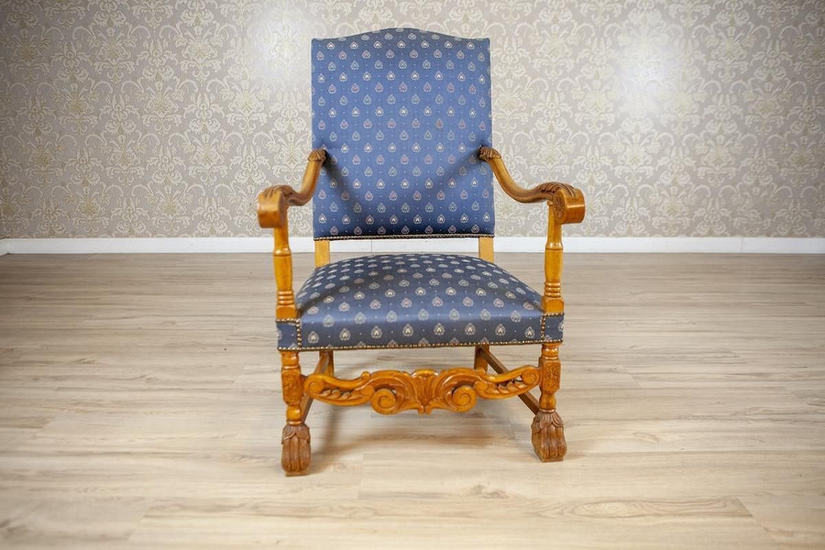 Stylized, Carved Walnut Armchair/Throne In Blue Upholstery, 1960s 1980s photo Furniture