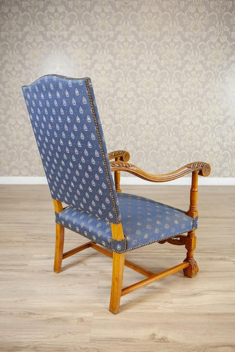 Stylized, Carved Walnut Armchair/Throne In Blue Upholstery, 1960s 1980s photo 875.0