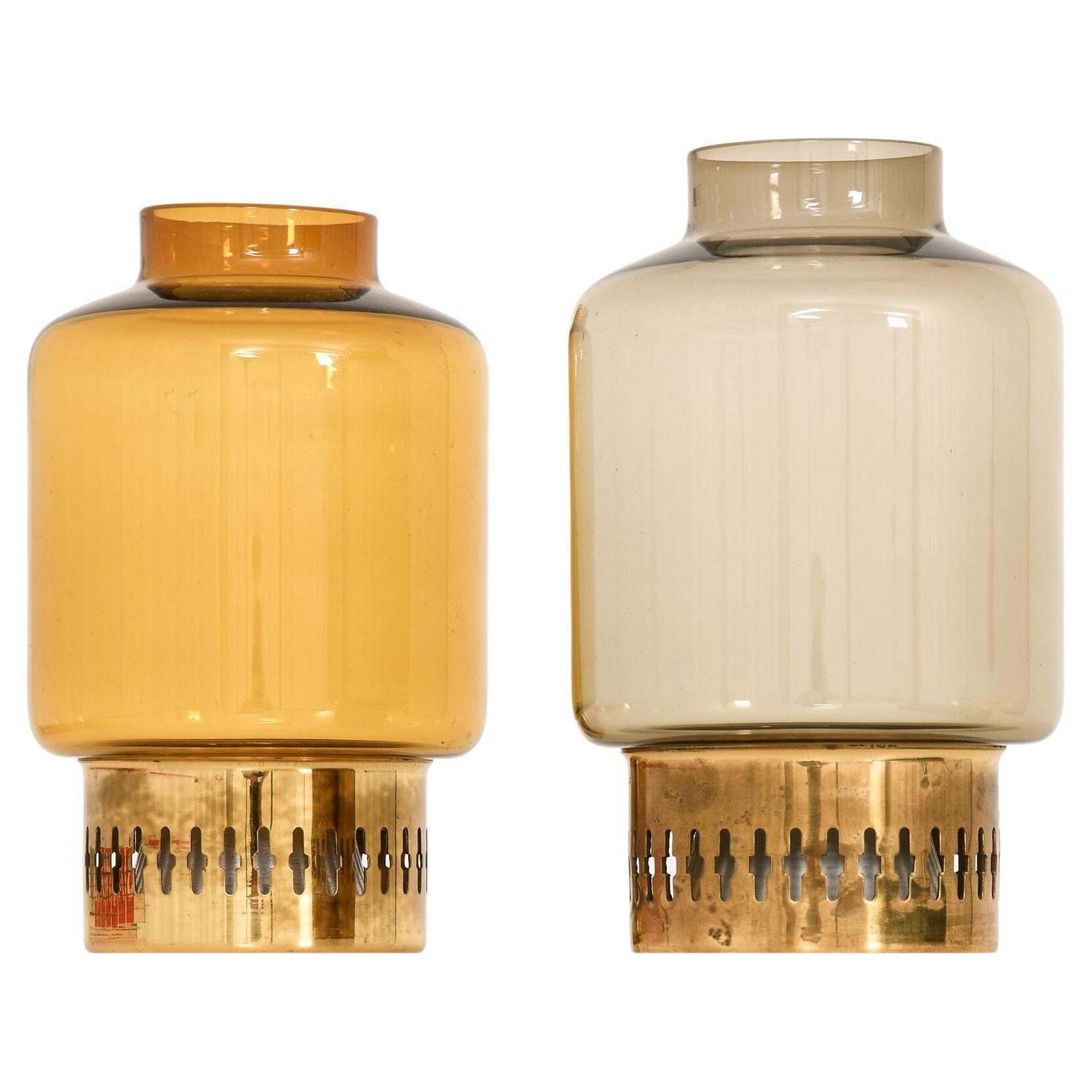 Pair Of Candelsticks In Brass And Glass By Hans Agne Jakobsson, 1950's