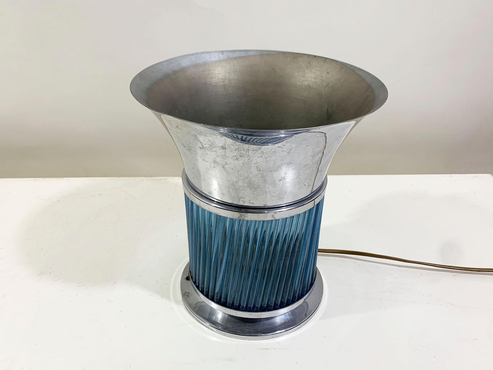 Art Deco Blue Glass & Metal Table Lamp, France, Circa 1930s, 24\" Dia photo Lighting