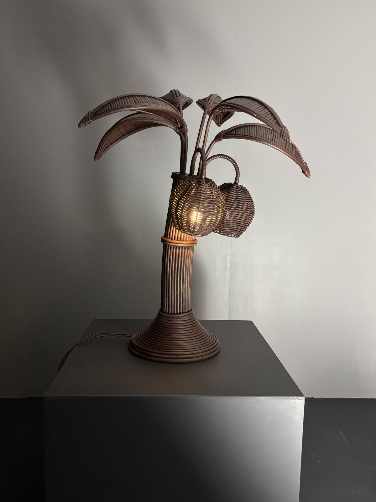 Pencil Reed Rattan Bamboo Palm Tree Coconut Table Lamp Maro Lopez Style 70s photo for sale