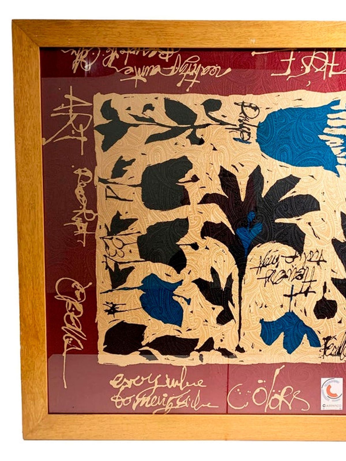 Vintage Framed Silk Scarf With Abstract Floral Design, Art Deco Italy photo vintage
