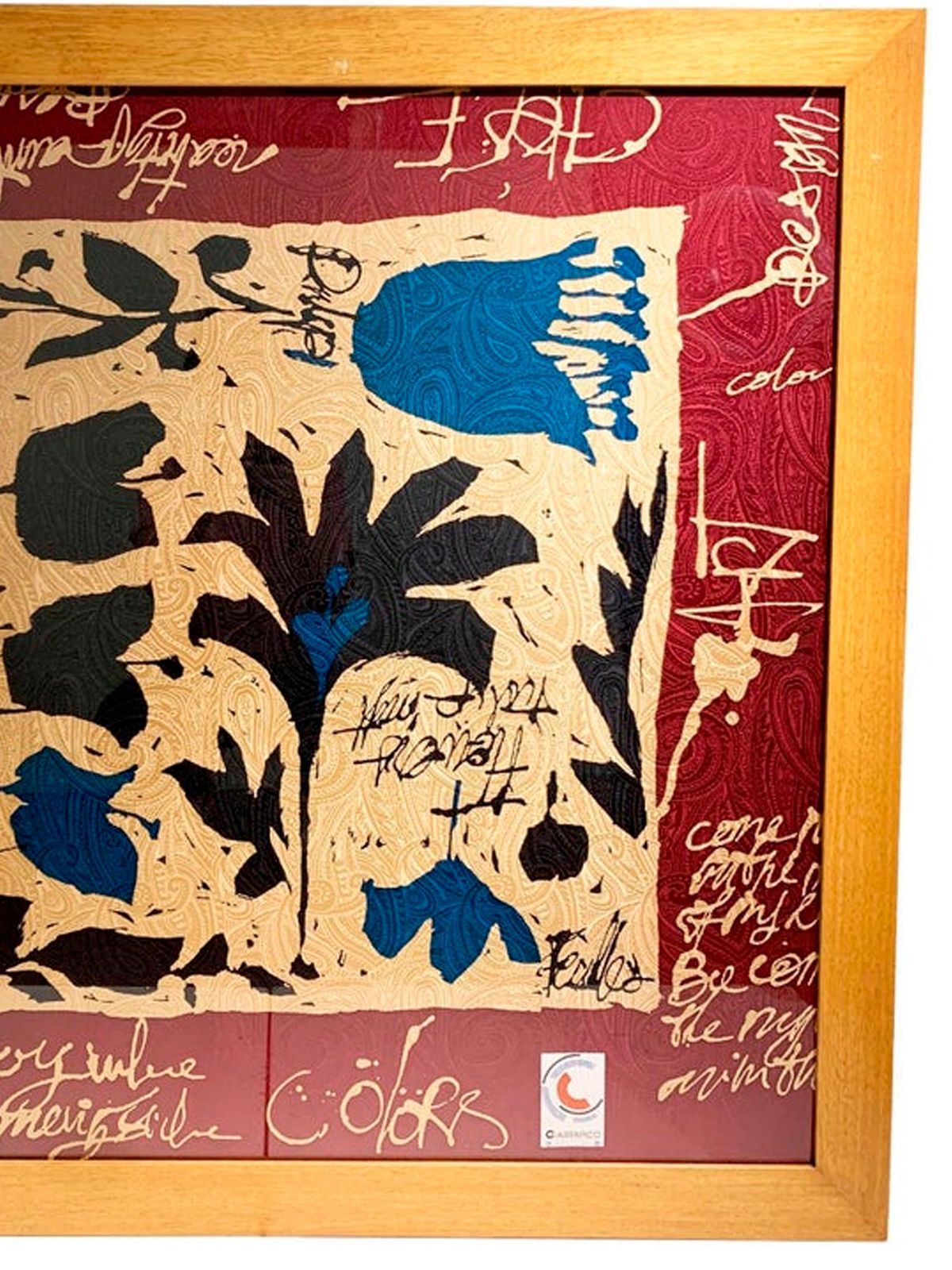 photo furniture Vintage Framed Silk Scarf With Abstract Floral Design, Art Deco Italy