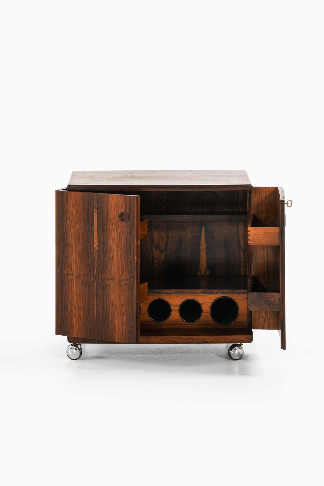 Bar Cabinet On Wheels In Rosewood, Formica And Steel By Illum Wikkelsø, 1960's photo for sale