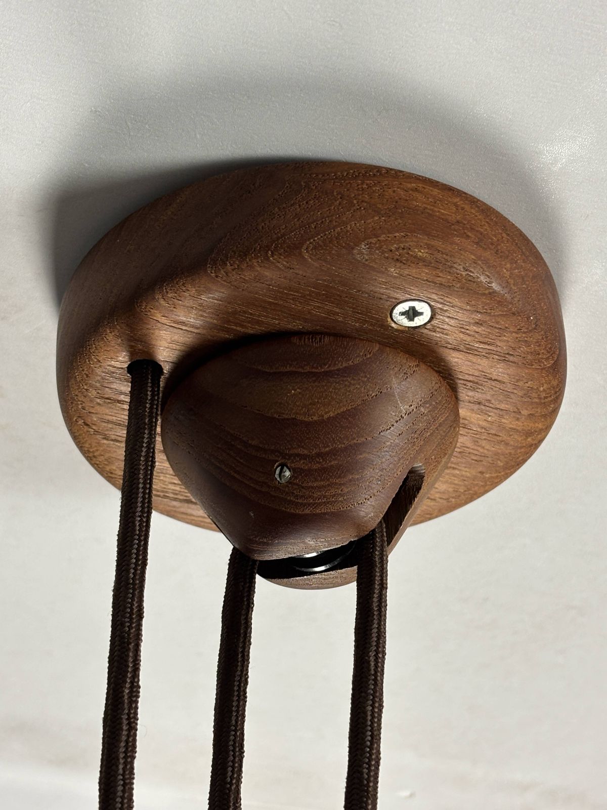 photo for sale Teak And Linen Umbrella Counter Balance Pendant By Domus, 1970s