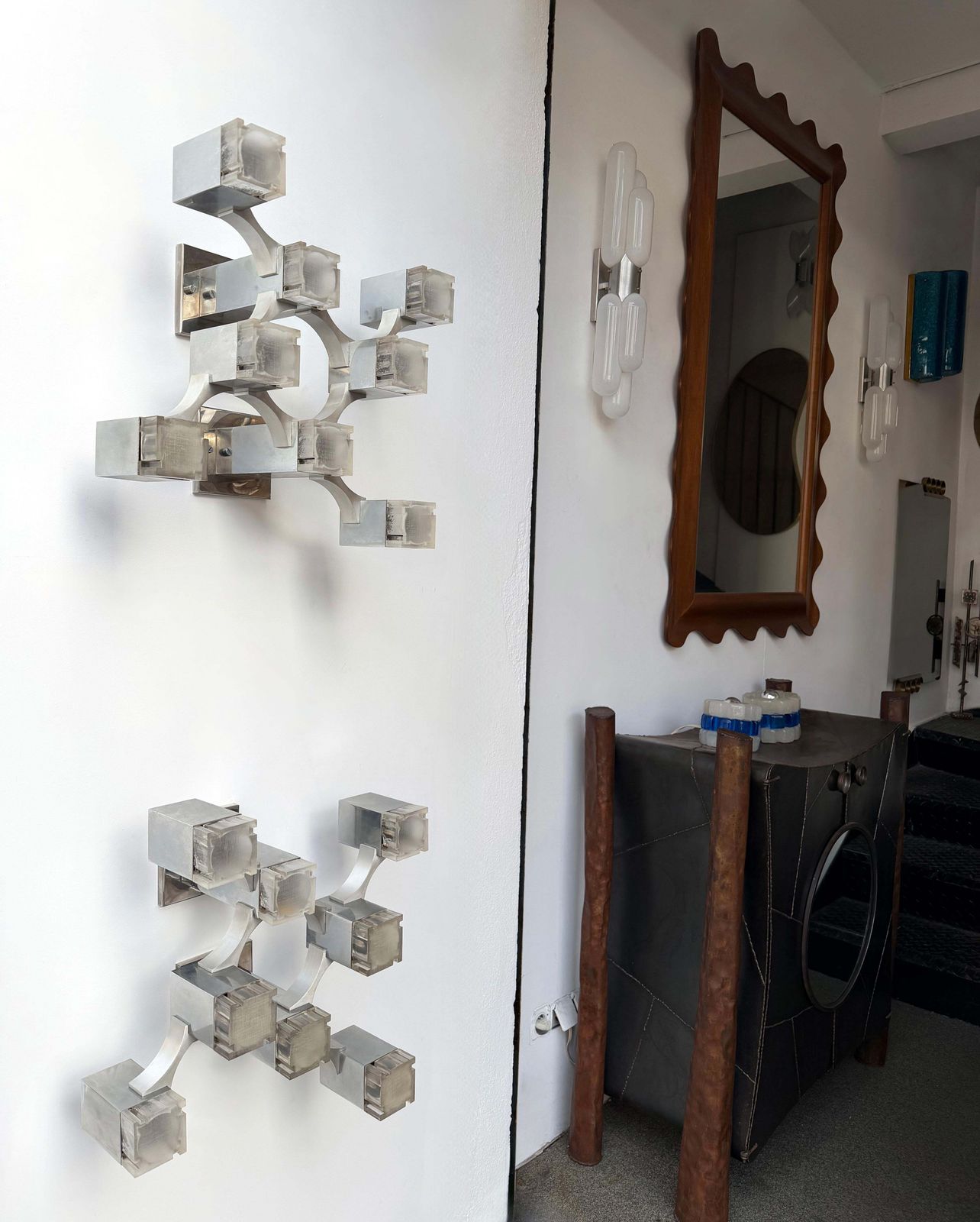 Pair Of Sconces Cubic Metal Chrome And Lucite By Sciolari, Italy, 1970s photo buy