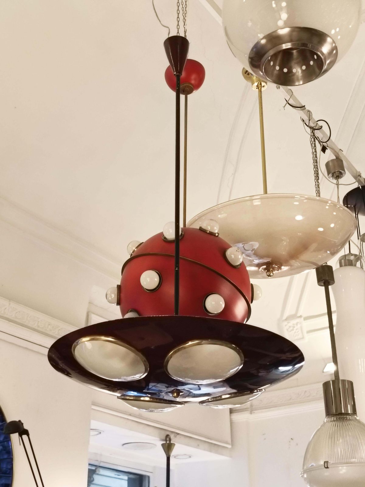 Lumen Milano Lampada A Sospensione In Metallo Laccato Bordeaux, Italia 1950s photo for sale