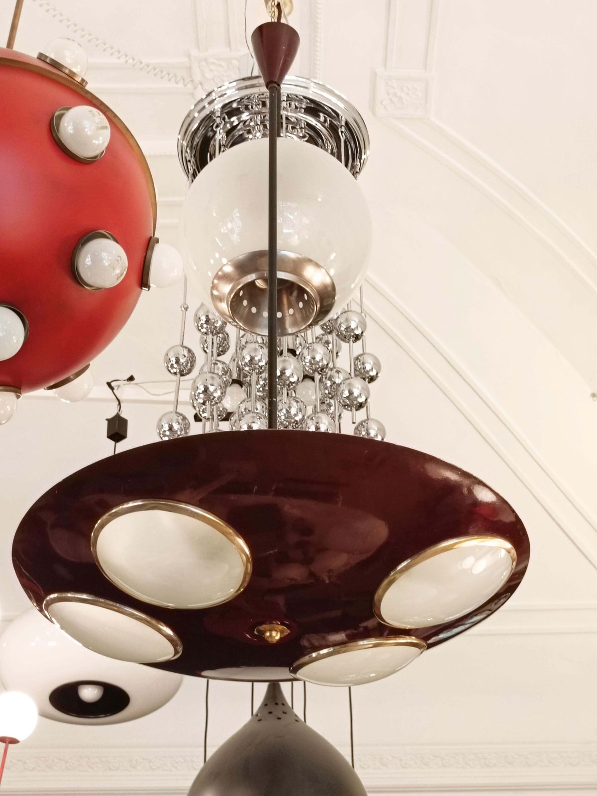 Lumen Milano Lampada A Sospensione In Metallo Laccato Bordeaux, Italia 1950s photo Lighting