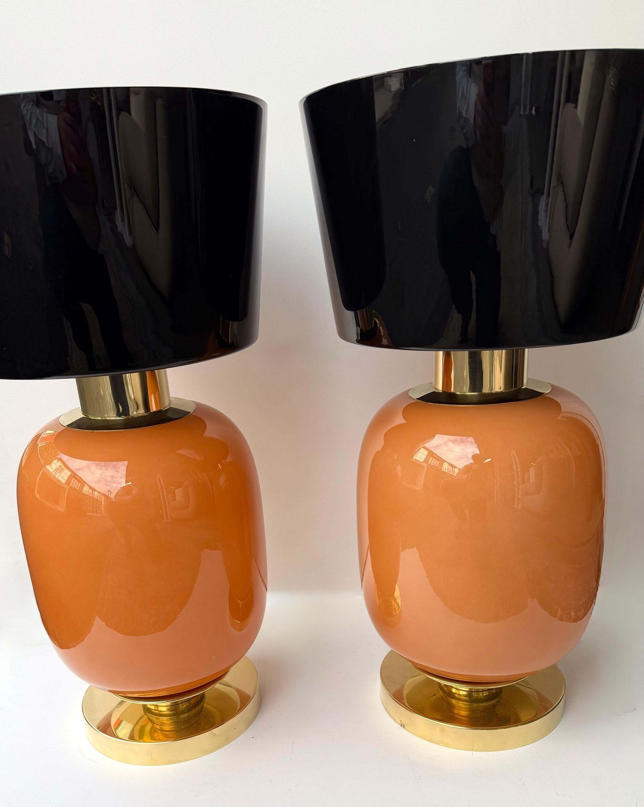 Contemporary Pair Of Brass And Peach Murano Glass Black Shades Lamps, Italy photo 4949.0