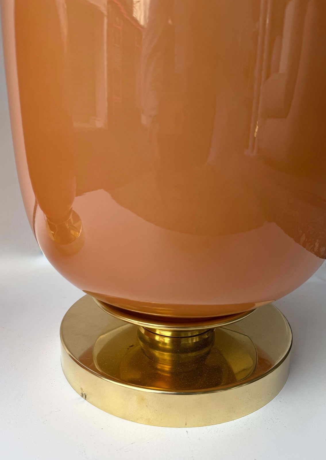 Contemporary Pair Of Brass And Peach Murano Glass Black Shades Lamps, Italy photo vinterior