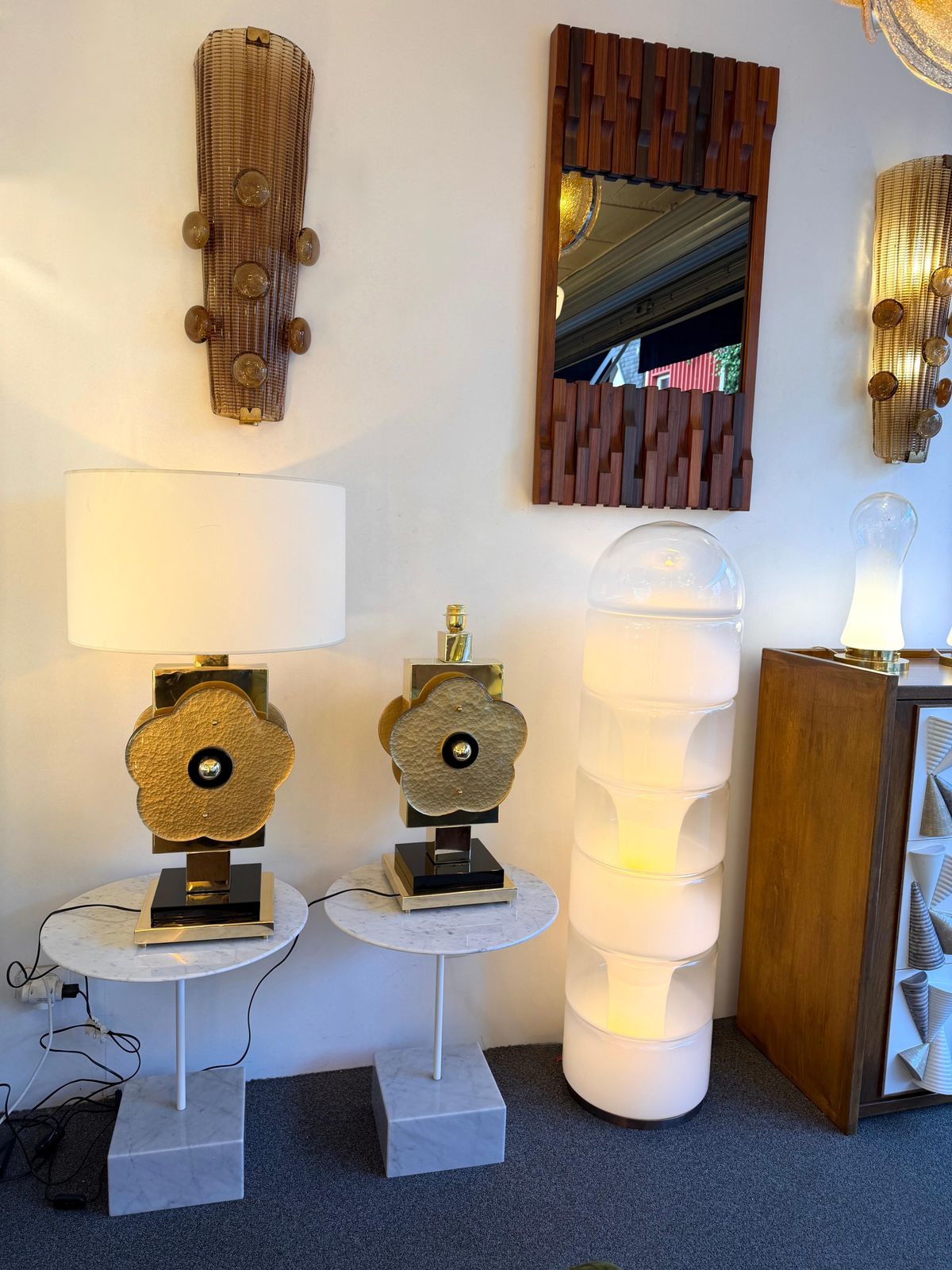 Contemporary Pair Of Brass And Murano Glass Big Gold Flowers Lamps, Italy photo furniture