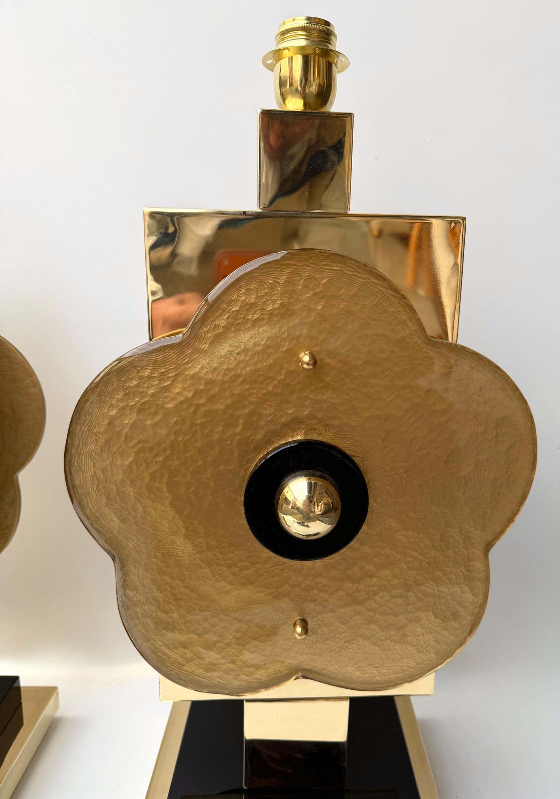 Contemporary Pair Of Brass And Murano Glass Big Gold Flowers Lamps, Italy photo vintage