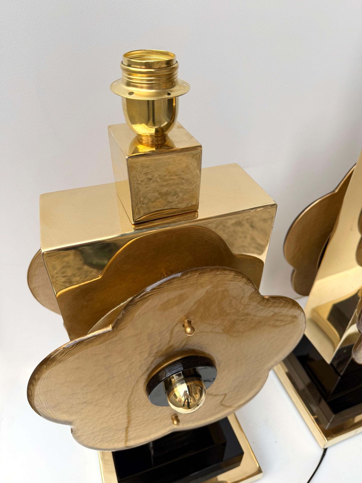 photo for sale Contemporary Pair Of Brass And Murano Glass Big Gold Flowers Lamps, Italy