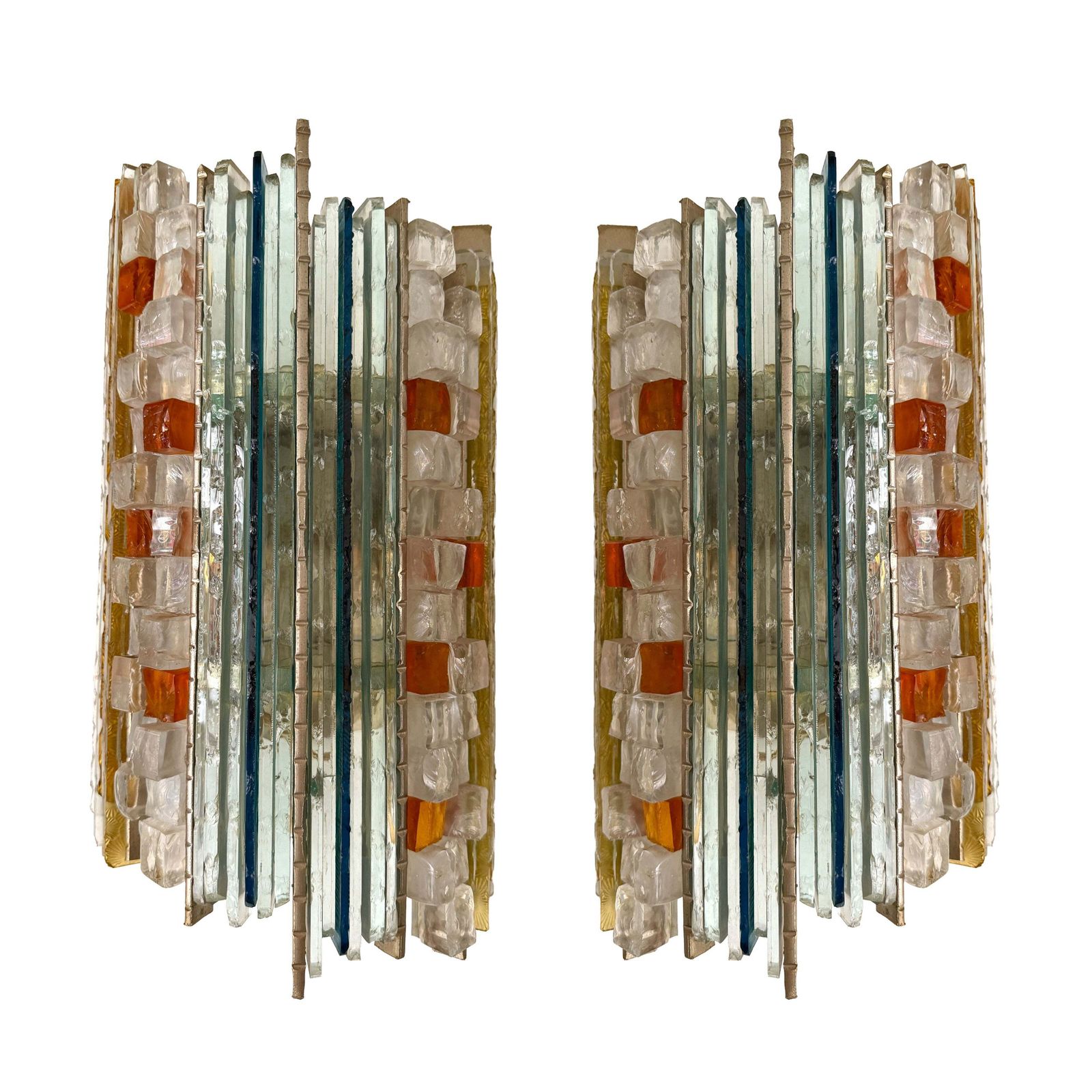 Pair Of Hammered Glass Silver Iron Sconces By Biancardi, Italy, 1970s