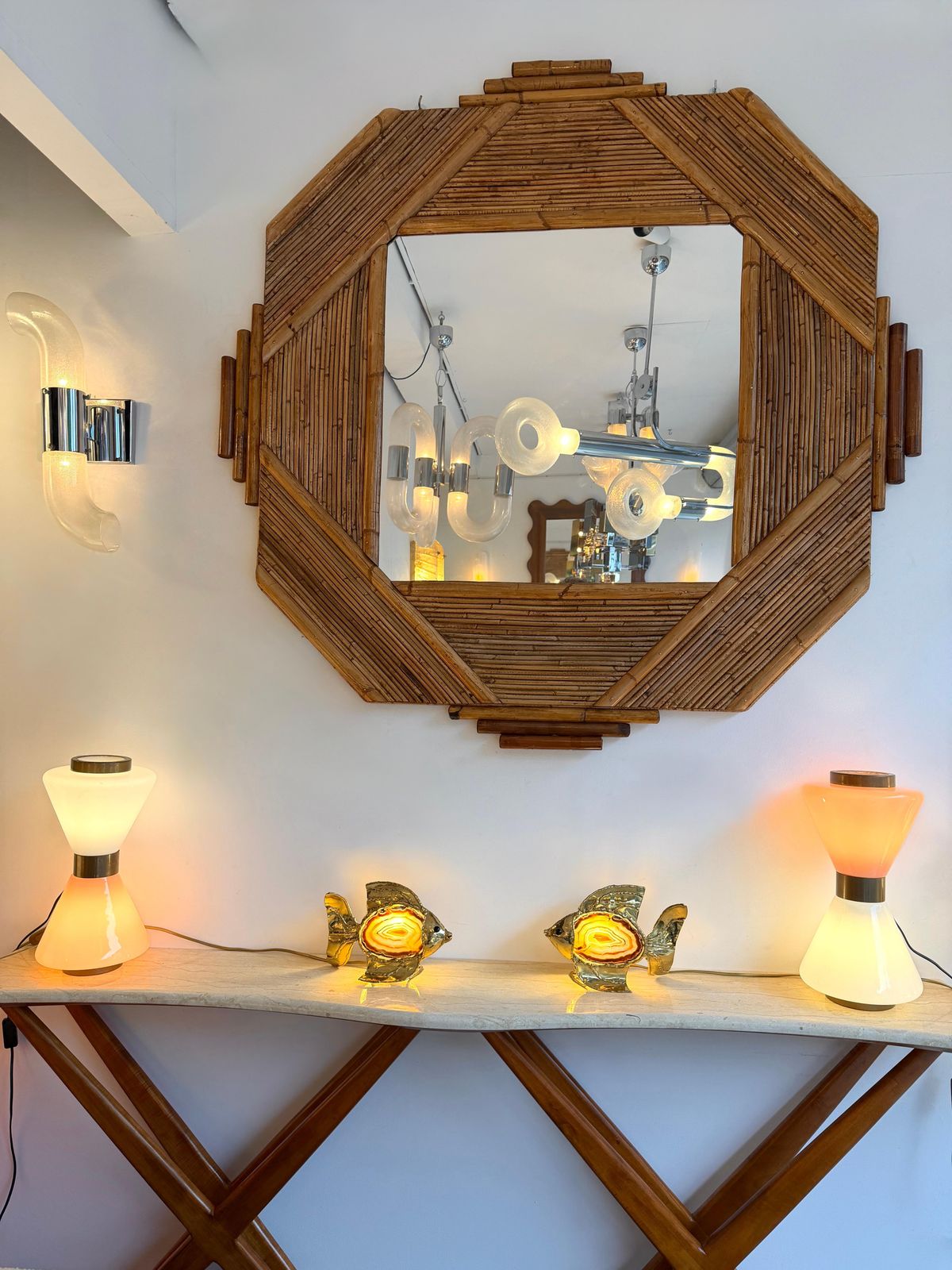 Pair Of Brass Agate Fish Lamps By Henri Fernandez, France, 1980s photo Lighting