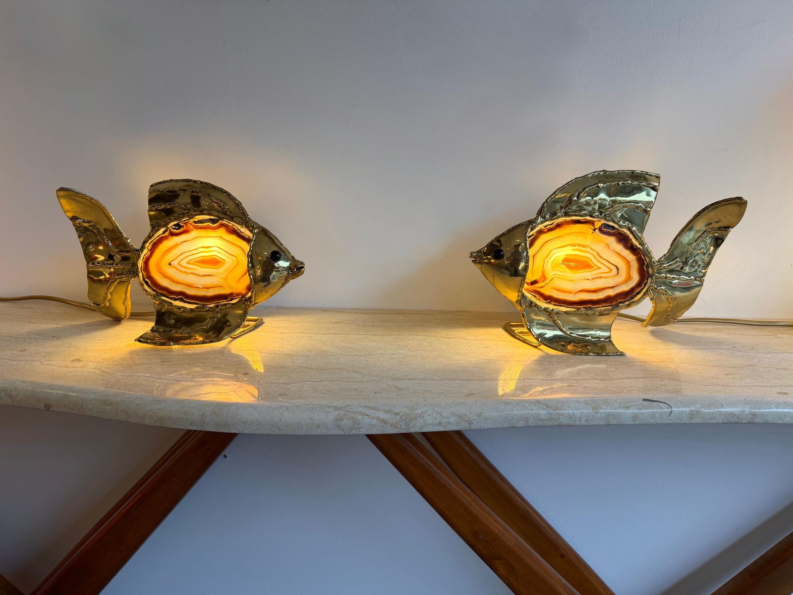 Pair Of Brass Agate Fish Lamps By Henri Fernandez, France, 1980s photo 4164.0