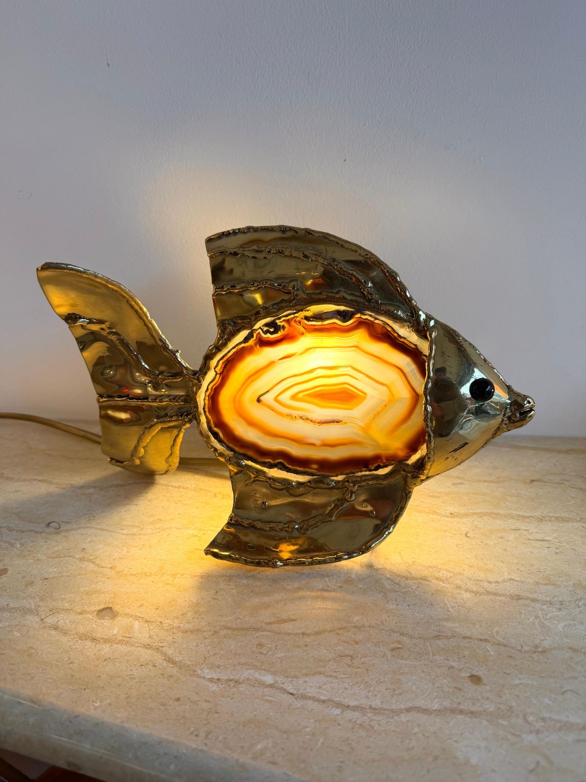 Pair Of Brass Agate Fish Lamps By Henri Fernandez, France, 1980s photo vinterior