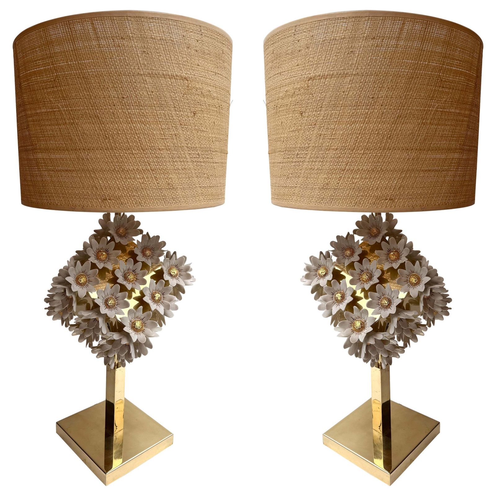Contemporary Pair Of Brass And Gilt Porcelain Daisy Lamps, Italy