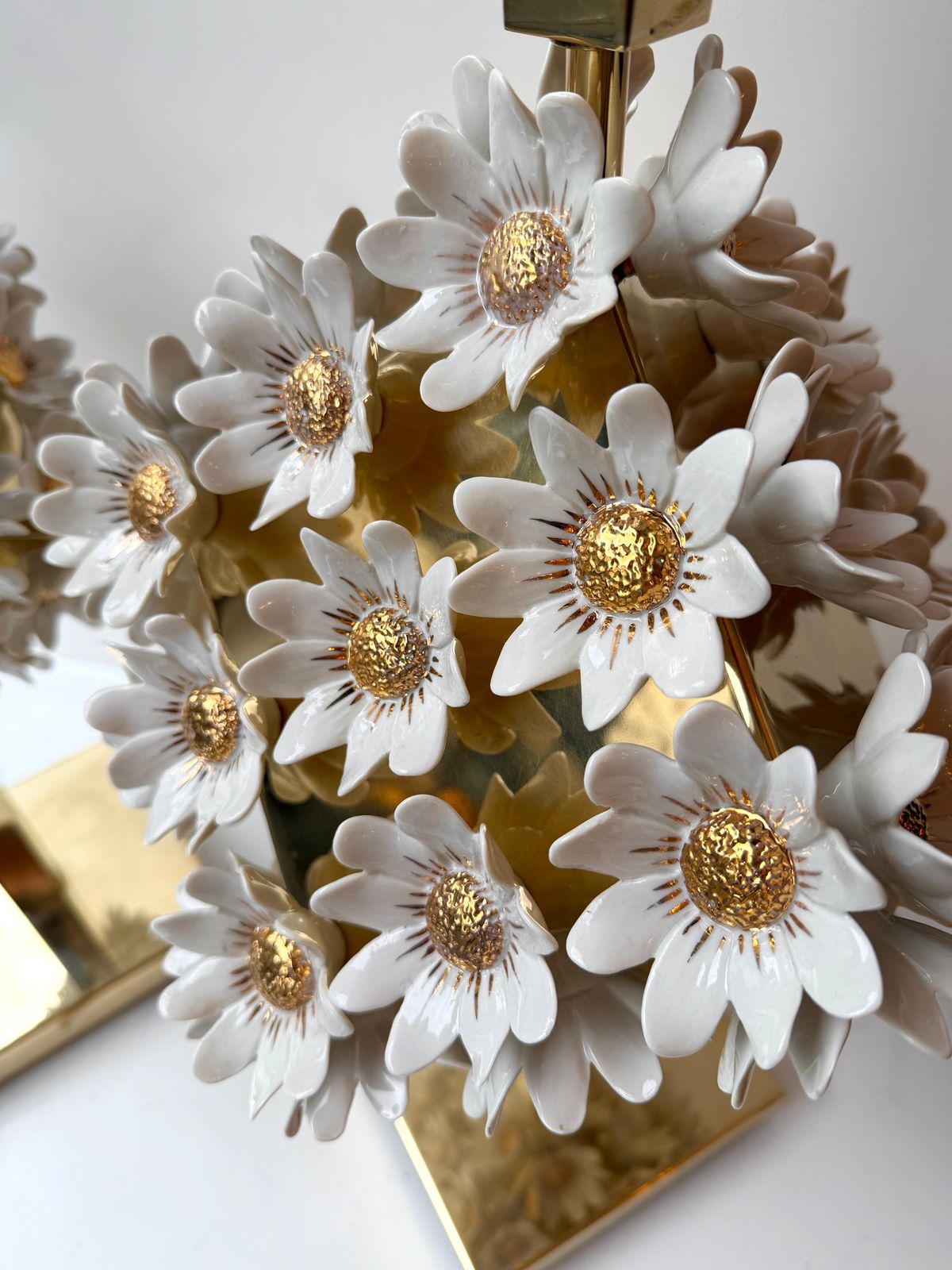 Lighting Contemporary Pair Of Brass And Gilt Porcelain Daisy Lamps, Italy photo