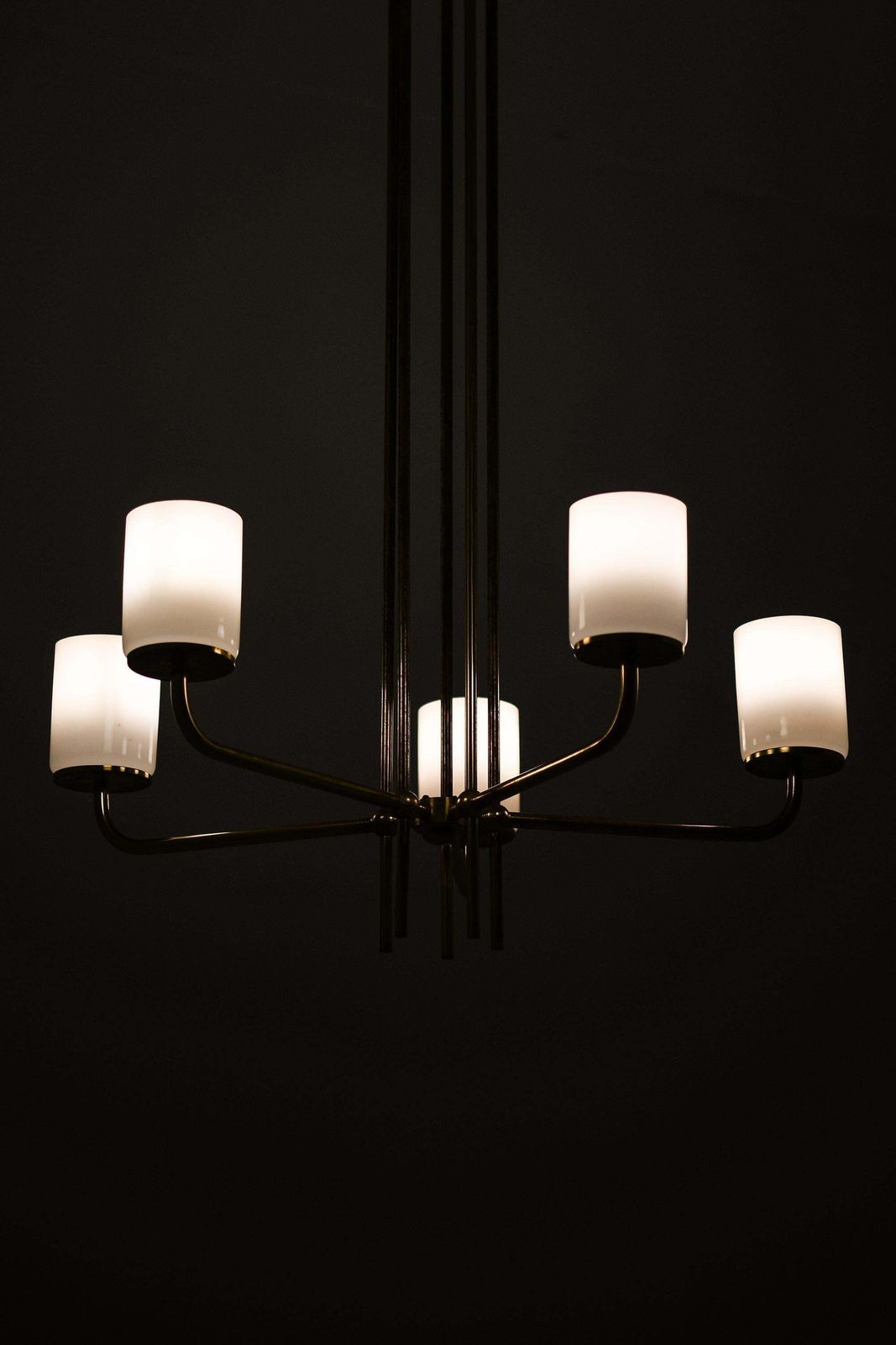 Ceiling Lamp In Brass And Opaline Glass In The Manner Of Paavo Tynell, 1950's photo for sale