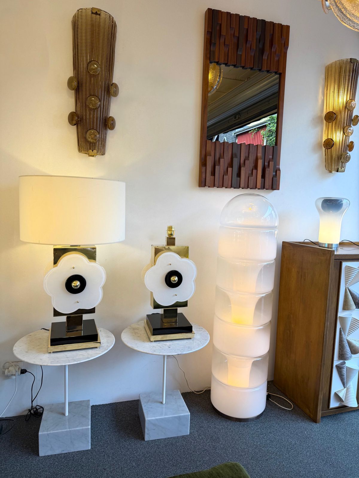 Contemporary Pair Of Brass And Murano Glass Big Flowers Lamps, Italy photo furniture