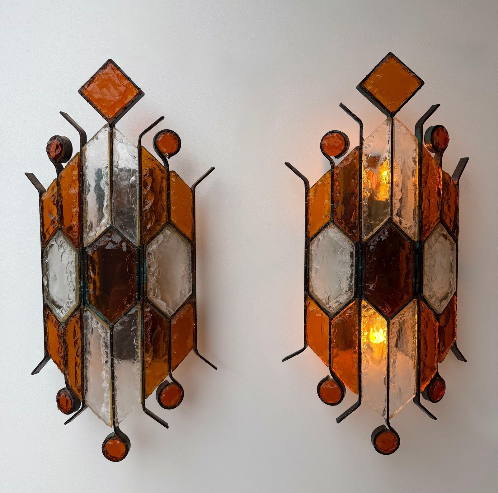 Pair Of Hammered Glass Wrought Iron Sconces By Longobard, Italy, 1970s photo 4597.0
