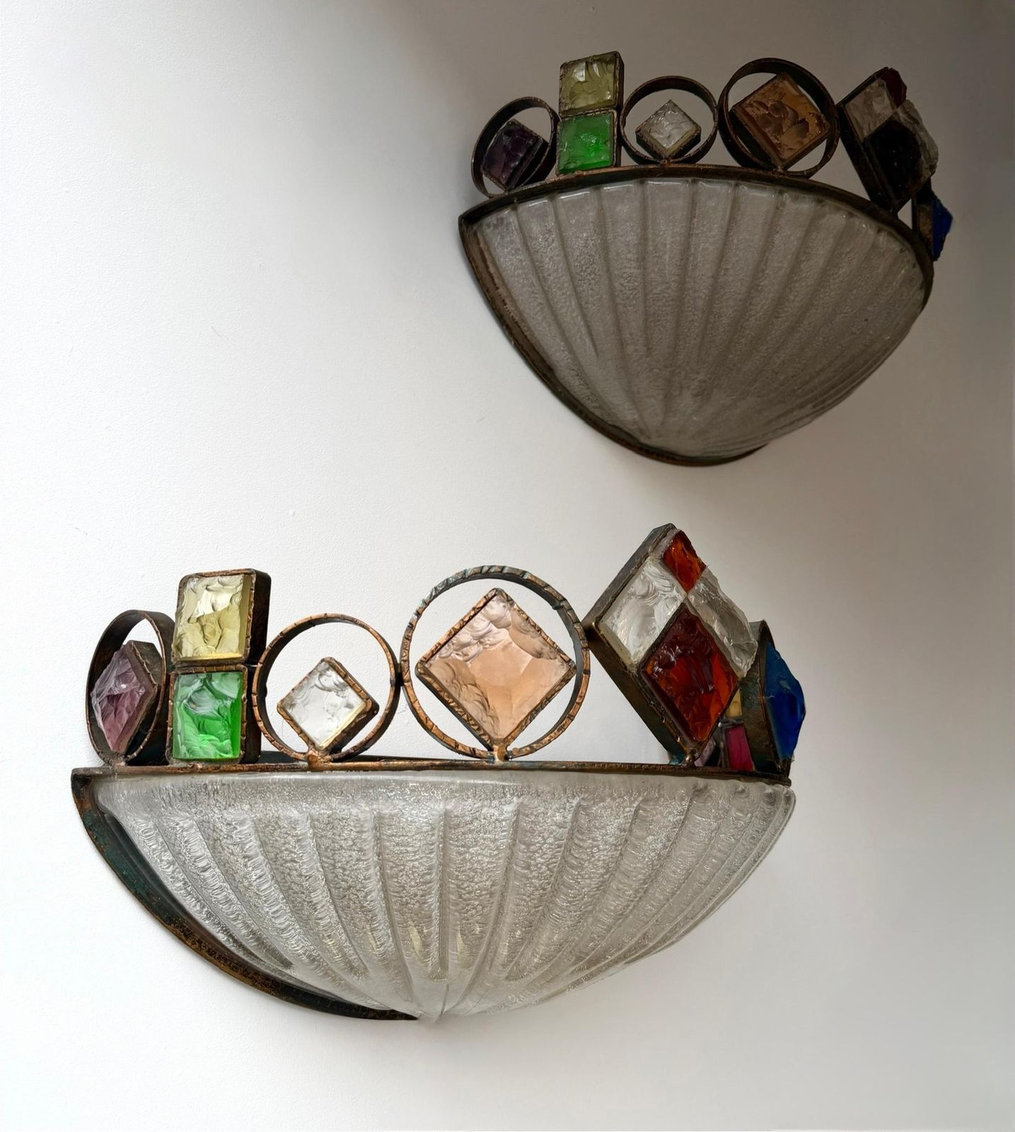 Hammered Glass Wrought Iron Murano Glass Sconce By Longobard, Italy, 1970s photo vinterior