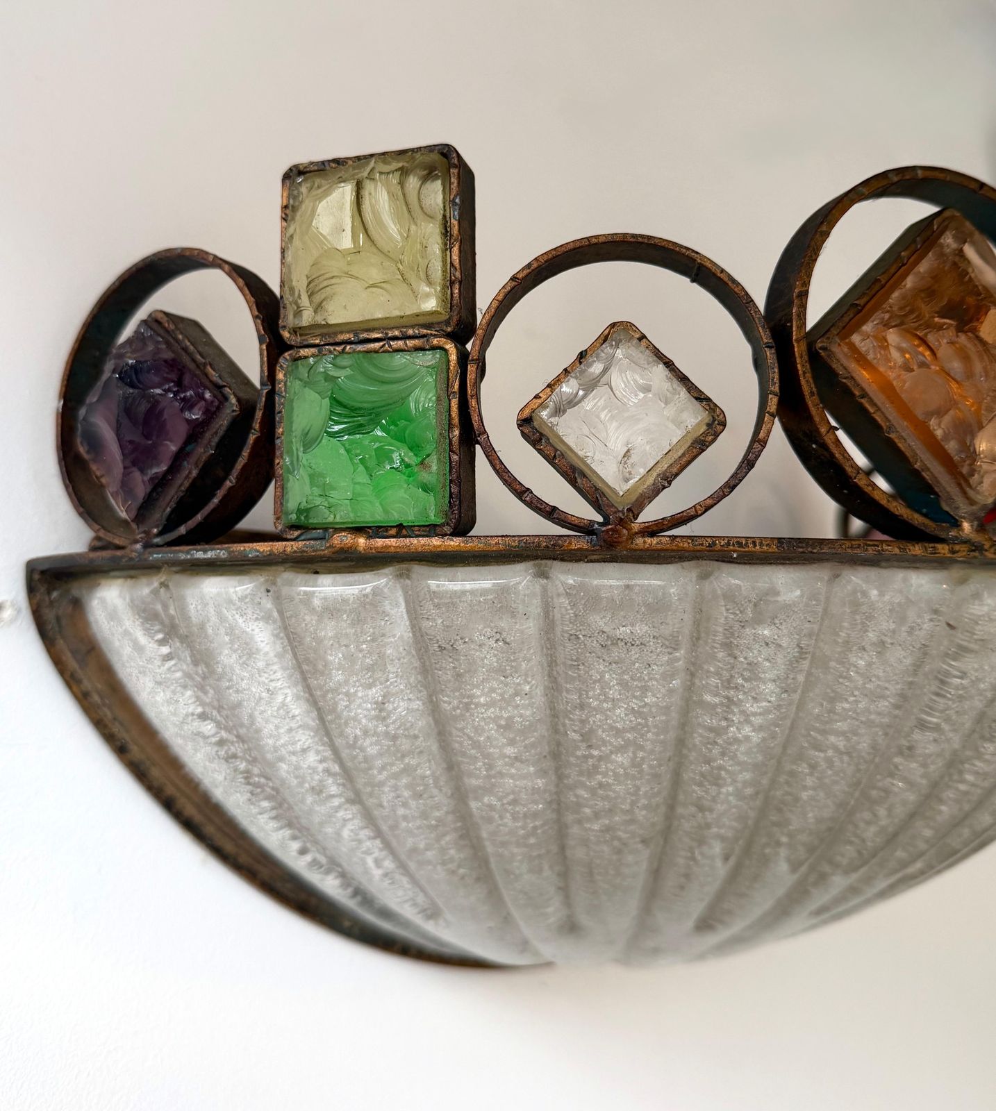 Hammered Glass Wrought Iron Murano Glass Sconce By Longobard, Italy, 1970s photo buy