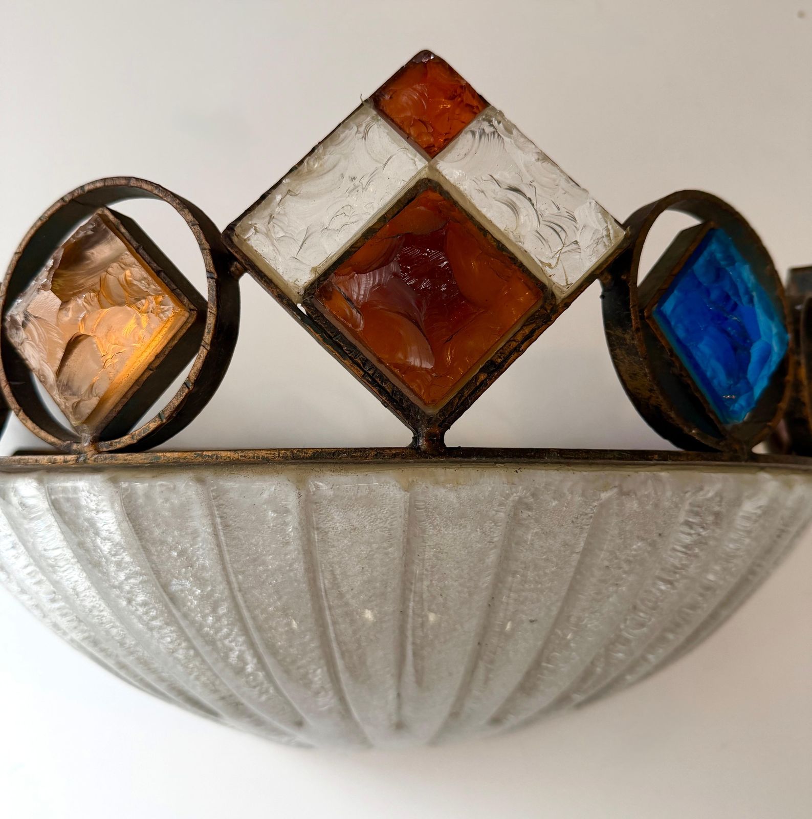 Hammered Glass Wrought Iron Murano Glass Sconce By Longobard, Italy, 1970s photo vintage