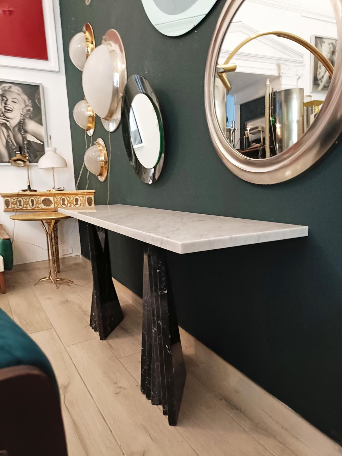 Marble Console Table, Black Marquinia Bases And White Carrara Top, Italy 1980s photo 3471.0
