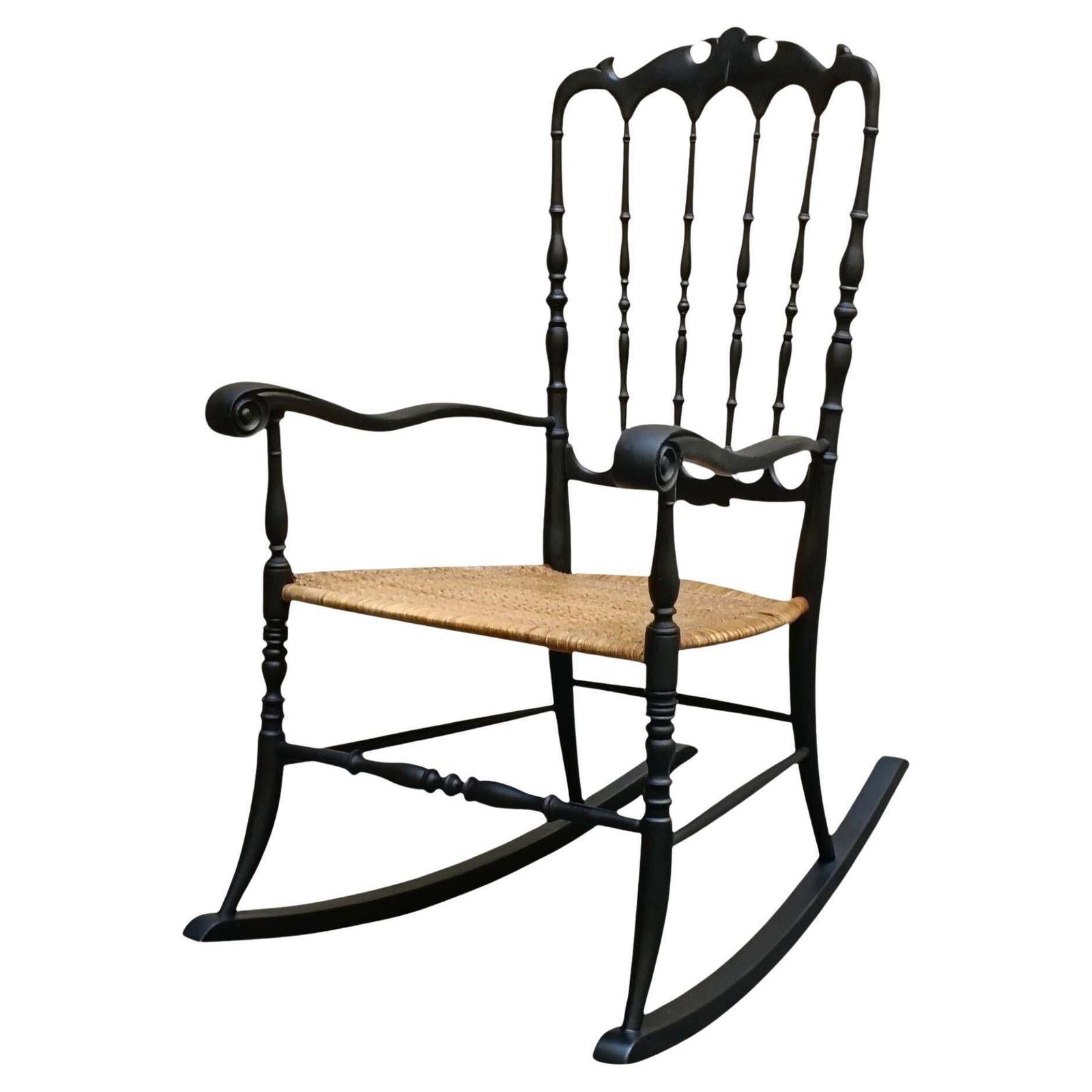F.Lli Podesta' Rocking Chair "Chiavari" In Wood And Wicker, Italy 1950s