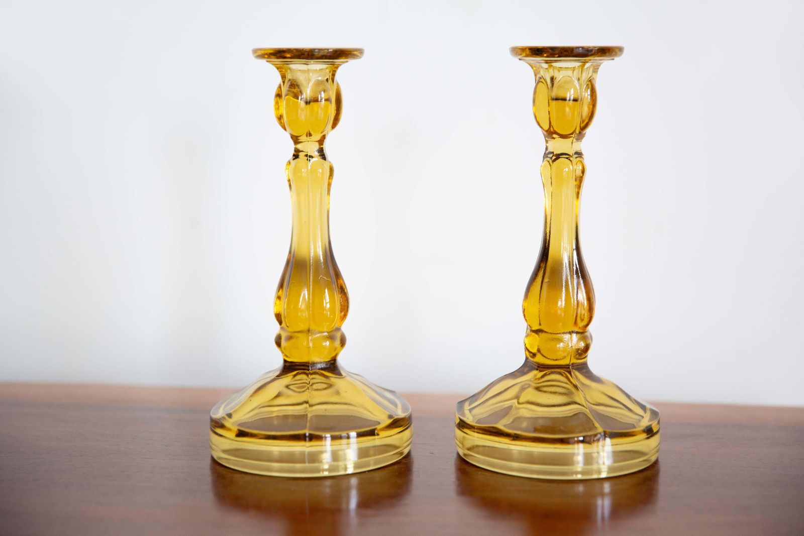 Set Of Two Mid Century Yellow Glass Candlesticks, Europe, 1960s photo for sale