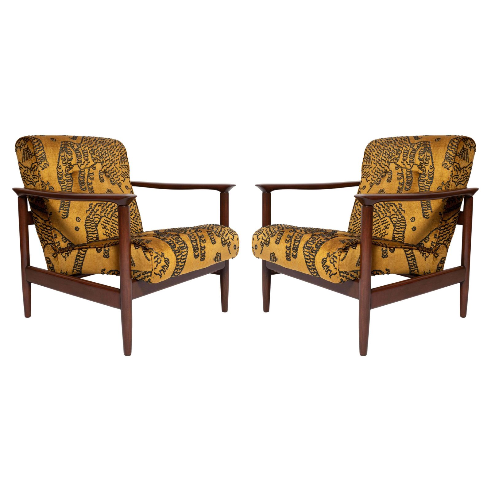 Pair Of Midcentury Tiger Velvet Armchairs, Gfm 142, Edmund Homa, Europe, 1960s