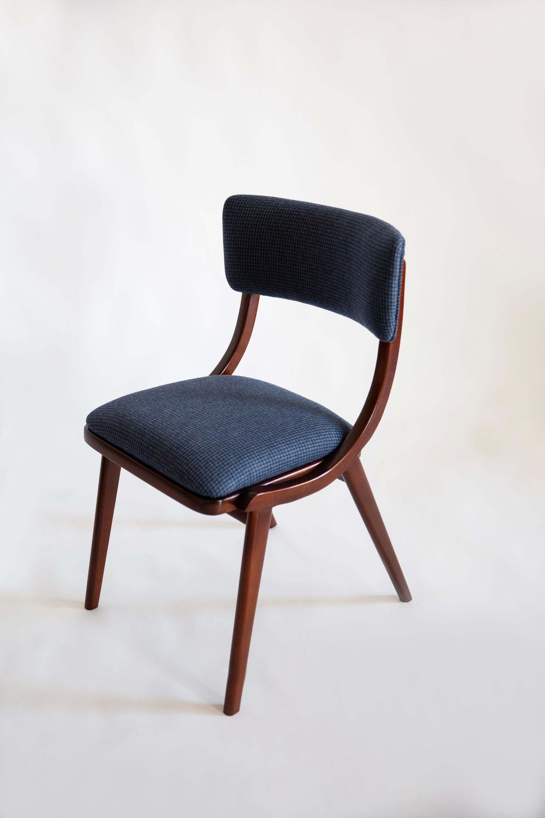 photo furniture Mid Century Modern Bumerang Chair, Navy Cheerful Check Wool, Poland, 1960s
