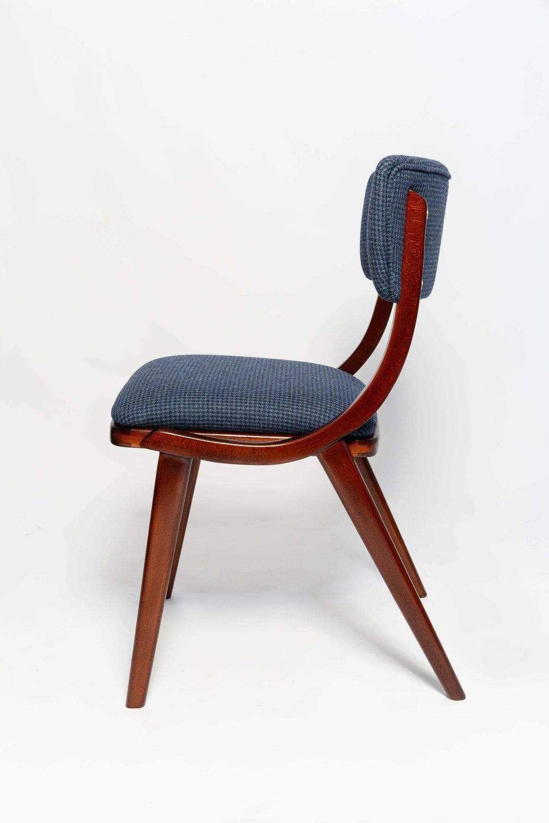 Six Mid Century Modern Bumerang Chairs, Navy Cheerful Check Wool, Poland, 1960s photo vintage