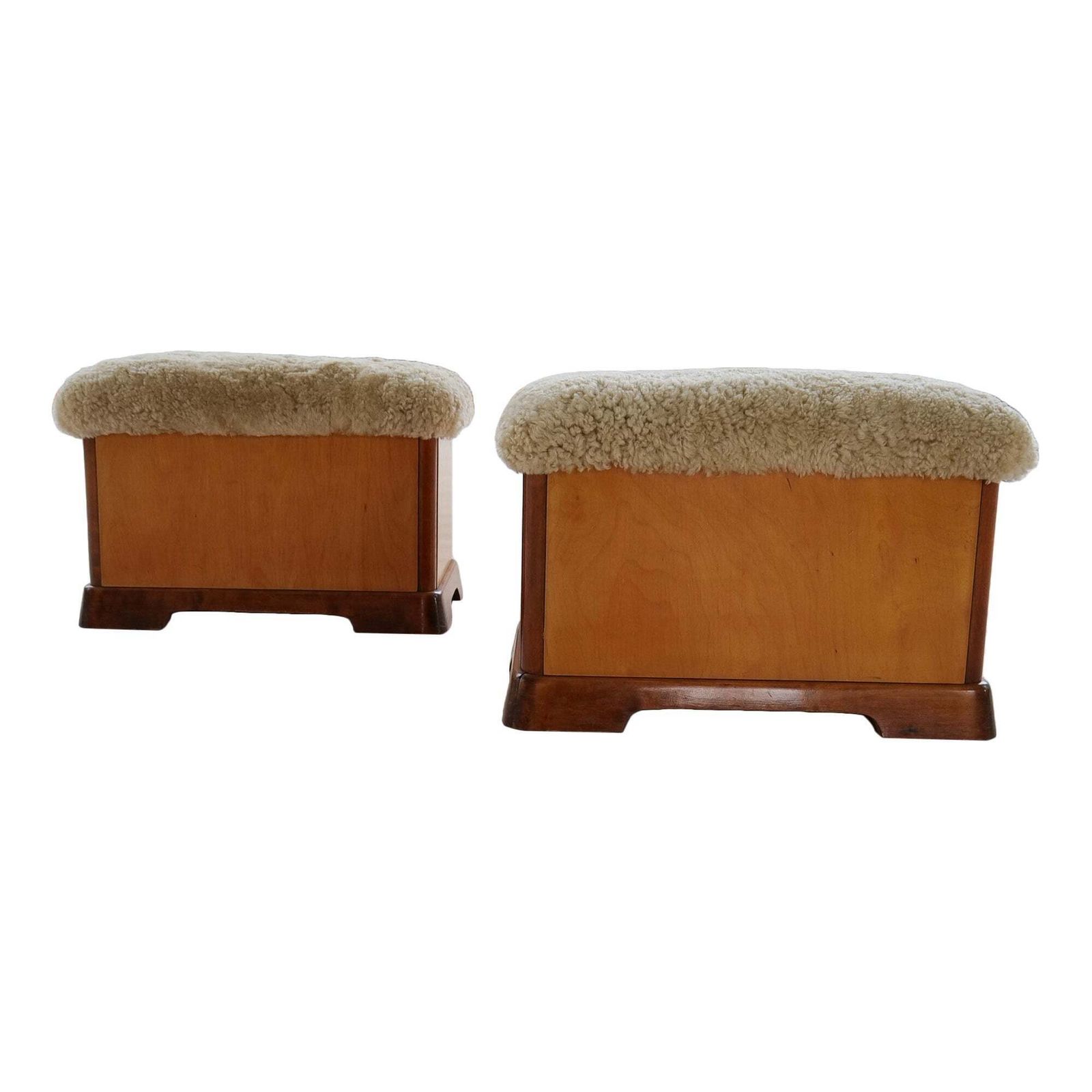 Swedish Art Deco Stools In Lacquered Birch And Sheepskin/Shearling Seat 1940s