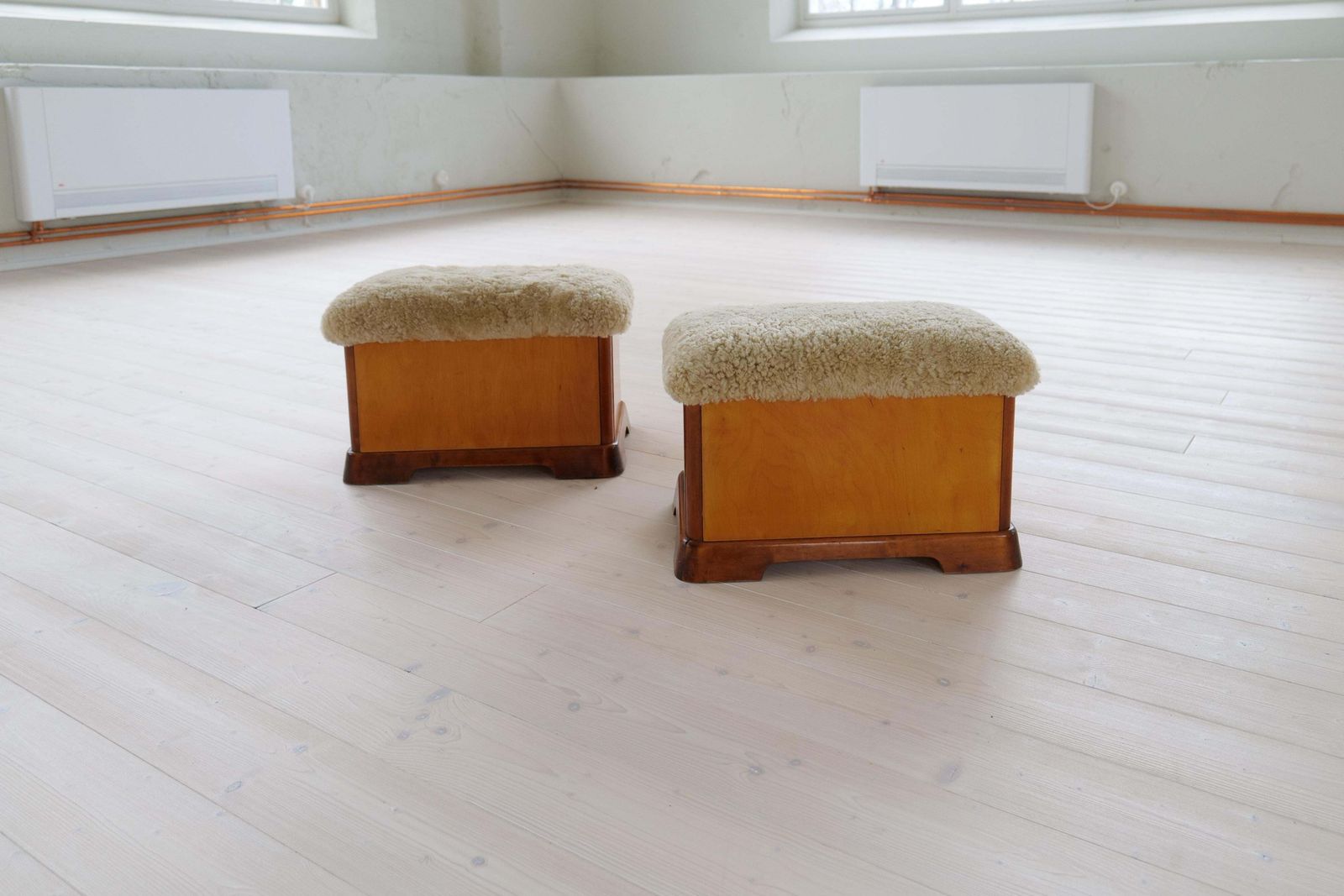 Swedish Art Deco Stools In Lacquered Birch And Sheepskin/Shearling Seat 1940s photo buy