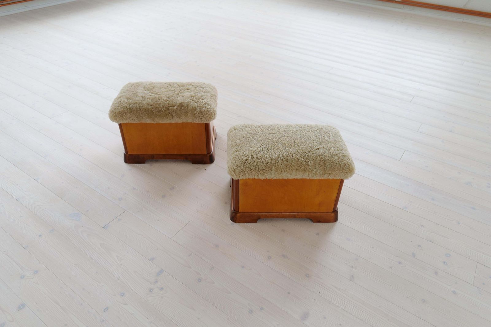 Swedish Art Deco Stools In Lacquered Birch And Sheepskin/Shearling Seat 1940s photo vintage