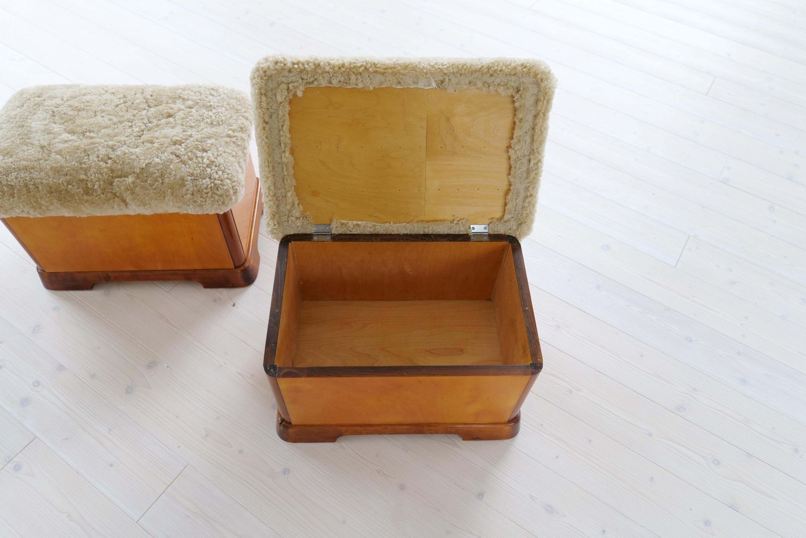 photo furniture Swedish Art Deco Stools In Lacquered Birch And Sheepskin/Shearling Seat 1940s