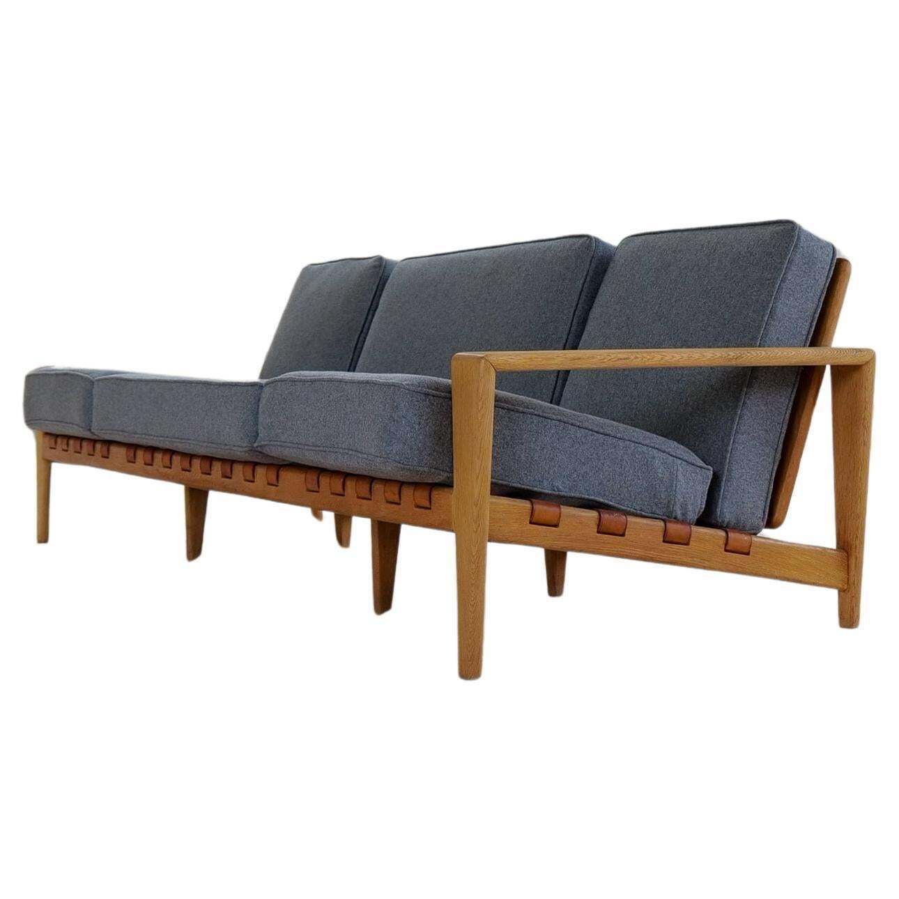 Midcentury Large Sofa "Bodö" Oak, Leather And Wool, Svante Skogh, Sweden, 1960s